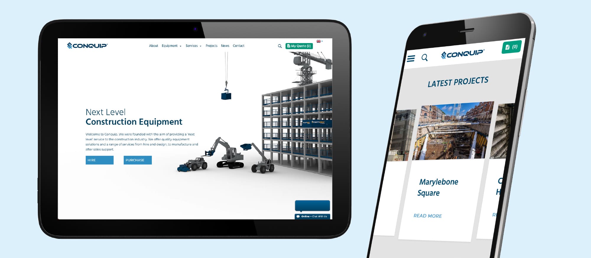 conquip engineering website on tablet and mobile