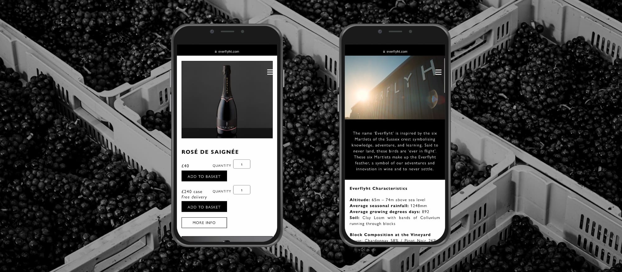 everflyht website on mobile with grape crates in background
