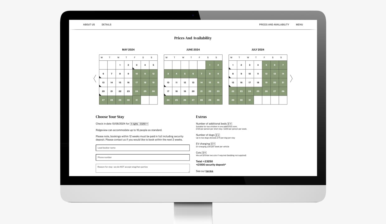 Bespoke booking system Ridgeview 