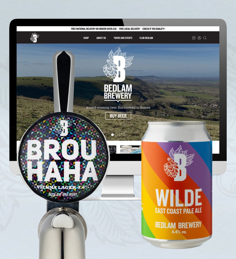 bedlam brewery website shown on computer screen, with beer tap graphics and beer can design