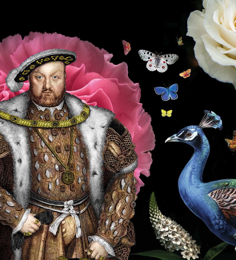 print design of Henry eighth with flowers, butterflies and a bird