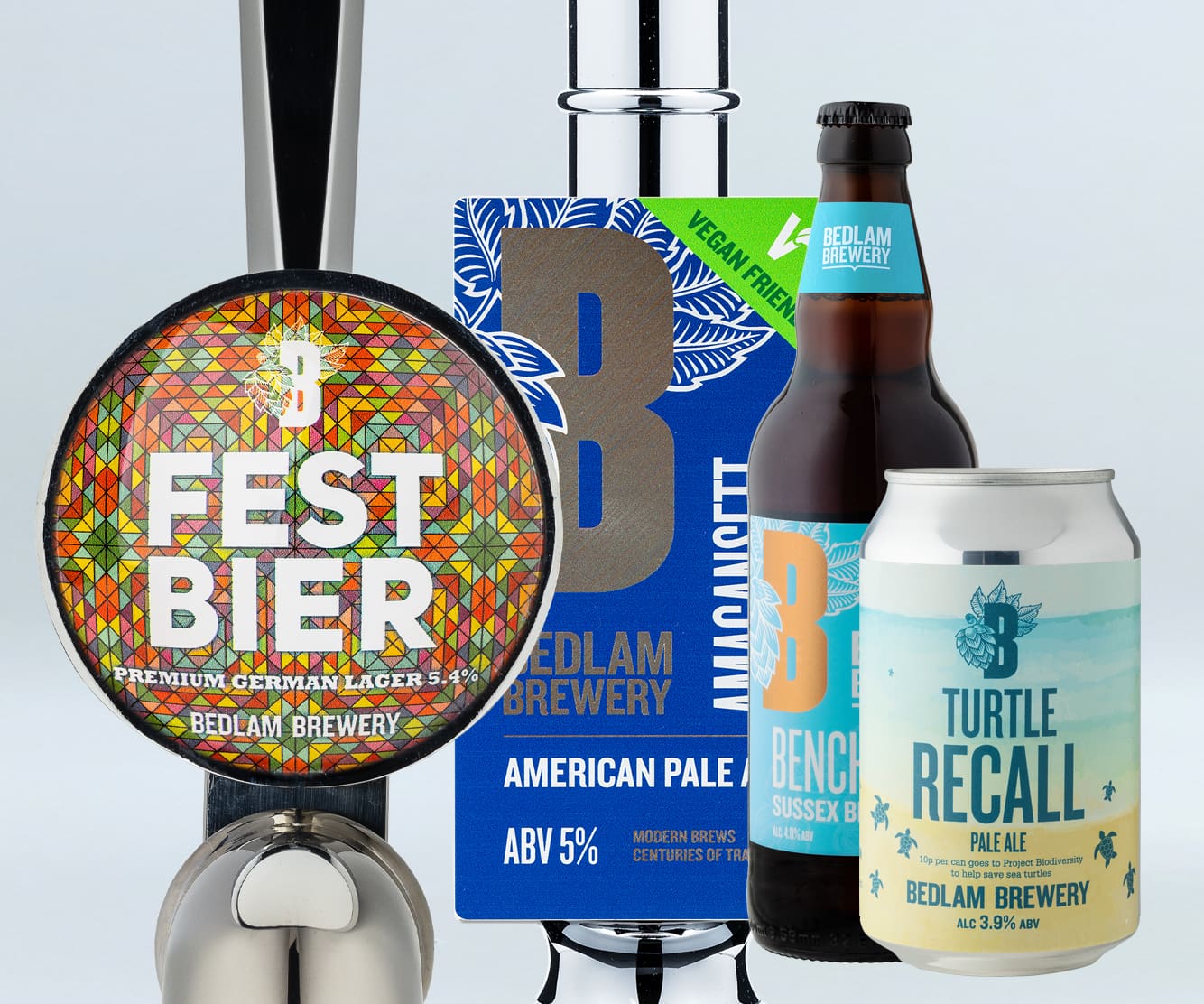 bedlam beer pump, lens, bottle and can design