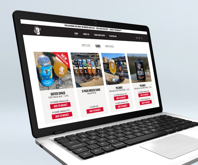 bedlam brewery web design on laptop- showing product shop page