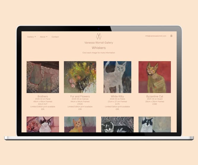 Vanessa Worrall fine art - e-commerce website design shown on laptop screen